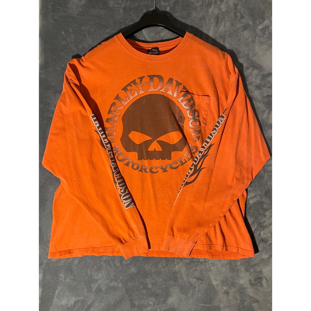 Harley Davidson Windy City Chicago Long Sleeve Skull Pocket Tee Orange 3XL